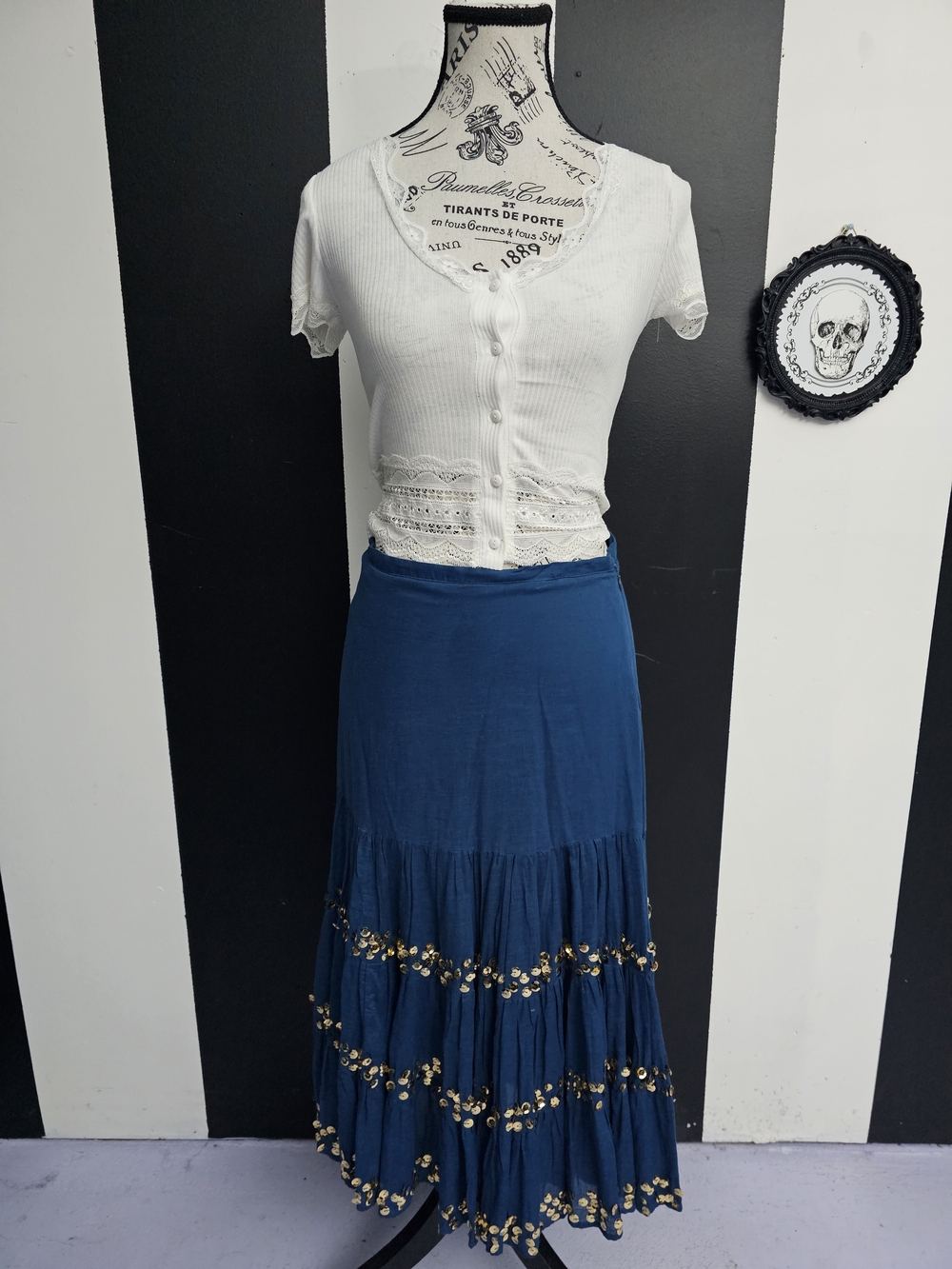 Blue Maxi Skirt with Gold Sequin Trim